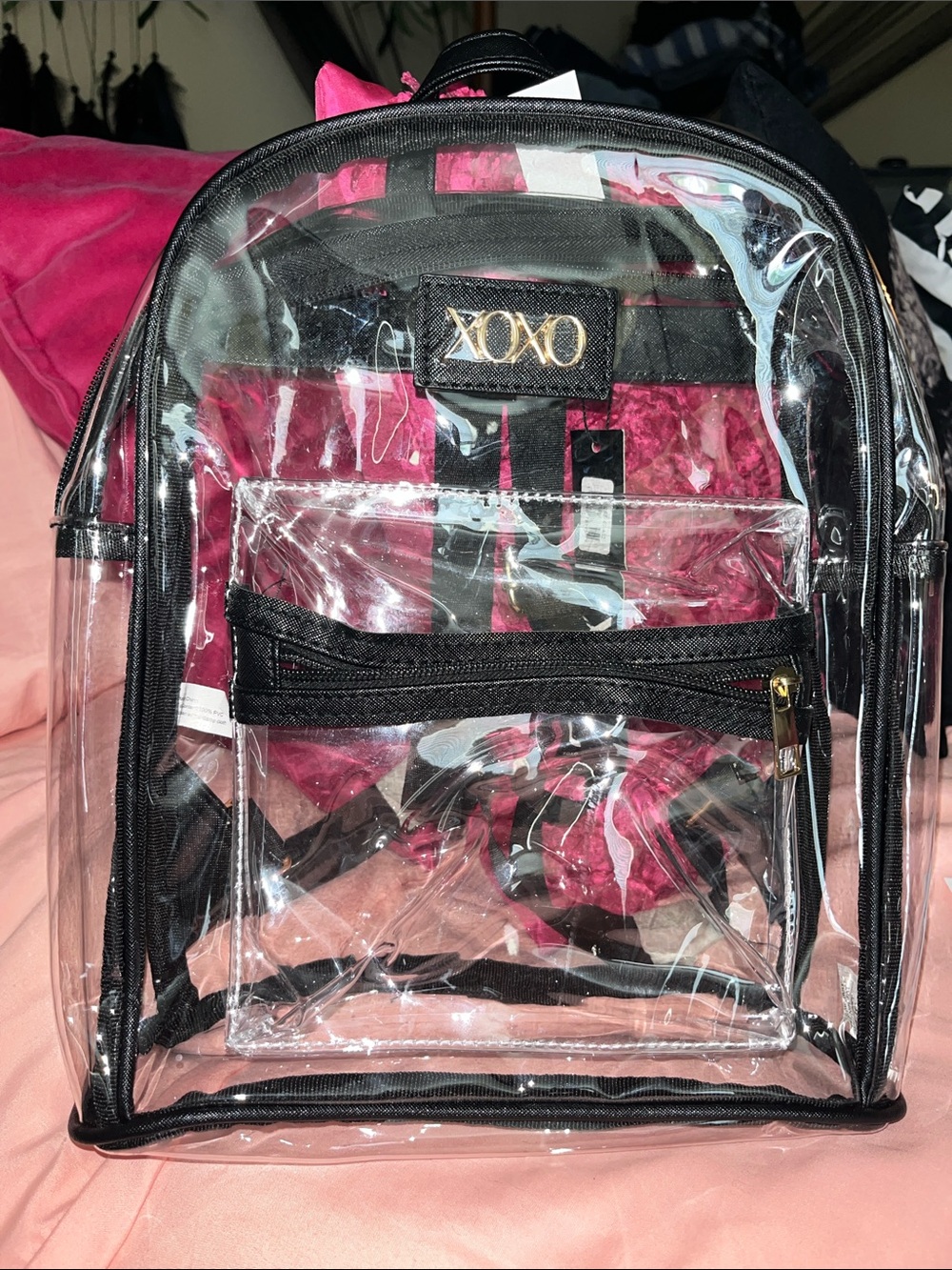 XOXO Clear Backpack with Black Trim and Pink Interior